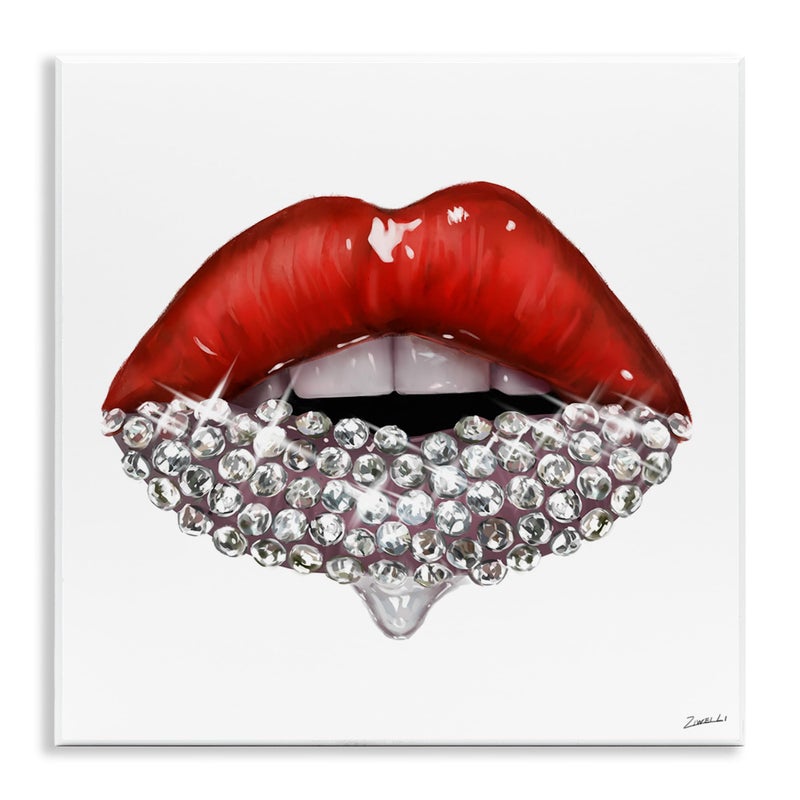 Stupell Industries Red Glam Lips with Glistening Cosmetic Stones Wall Art, 12x12, White - Image 1